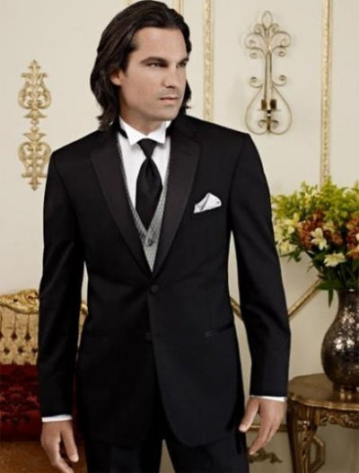 Men's Black Tapered Leg Lower Rise Pants Two Button Tuxedo