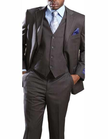 Men's 2 Button Banker Pinstripe ~ Stripe 3 Piece Grey Vested Suit