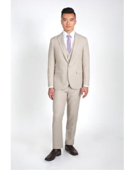 Men's 2 Button Heathered Tan Groomsmen Suits ~ Groom Wedding Slim Fit Suit With Vest