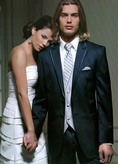 Midnight Navy Blue Notch Fashion Tuxedo For Men With Trim 2 Button Jacket and No Pleat Pants