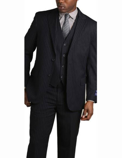 Men's 2 Button Vested Banker Pinstripe ~ Stripe 3 Piece Suit Dark Navy