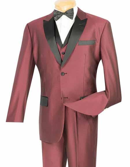 Vinci Two Button Men's Shiny Wine Peak Collar 3 Piece Tuxedo Entertainer Suit