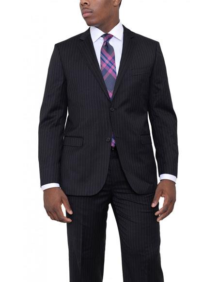 Men's Black 2 Buttons Pinstriped Classic Fit Wool Suit Flat Front Pants