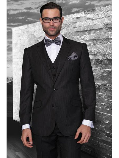Mens Three Piece Suit - Vested Suit Classic 3pc 2 Button Black Stripe Suit Super 150's Extra Fine Italian Fabric