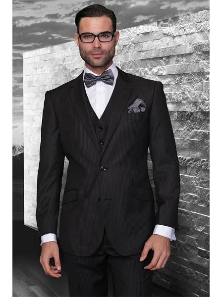 Mens Three Piece Suit - Vested Suit Classic 3pc 2 Button Black Stripe Suit Super 150's Extra Fine Italian Fabric