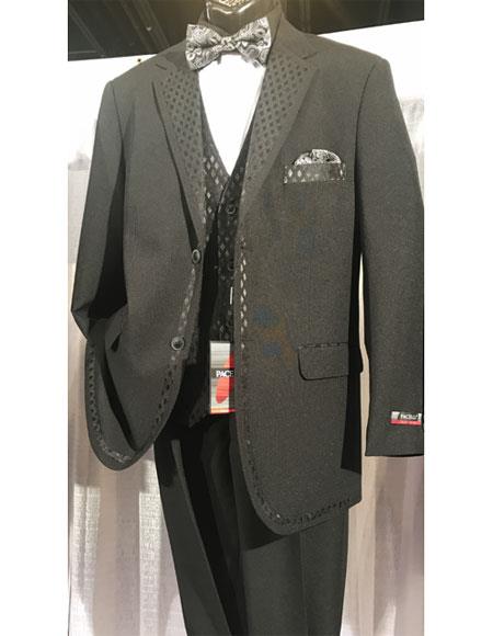Men's Black Two Buttons Vested Tuxedo With Design Lapel & Matching Vest