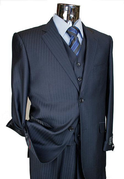 Men's Dark Navy Tone on Tone 3pc 2 Button single pleated pantsr three piece suit
