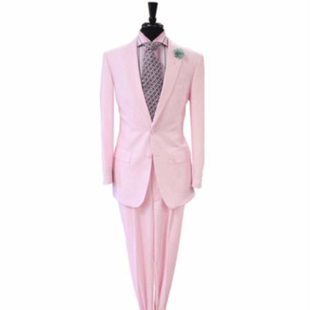 Men's Pink Suit White Stripe ~ Pinstripe Seersucker Sear sucker 2 Button Suit