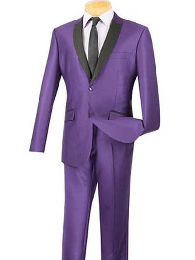 Men's Slim Fit 2 Button Purple SharkskinTuxedo Style Suit