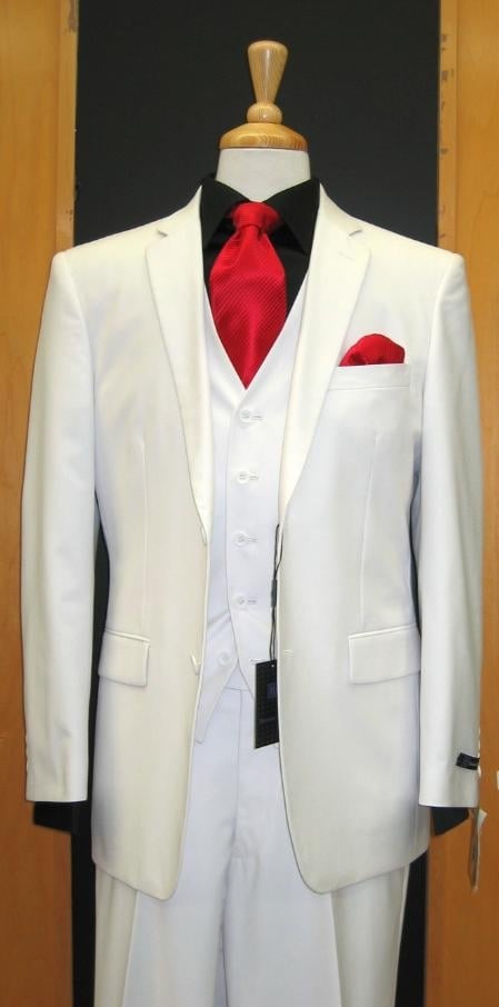 WHITE EXTRA FINE Light Weight Soft Fabirc 3PC VESTED Suits For Men 2 Button Style - All White Suit