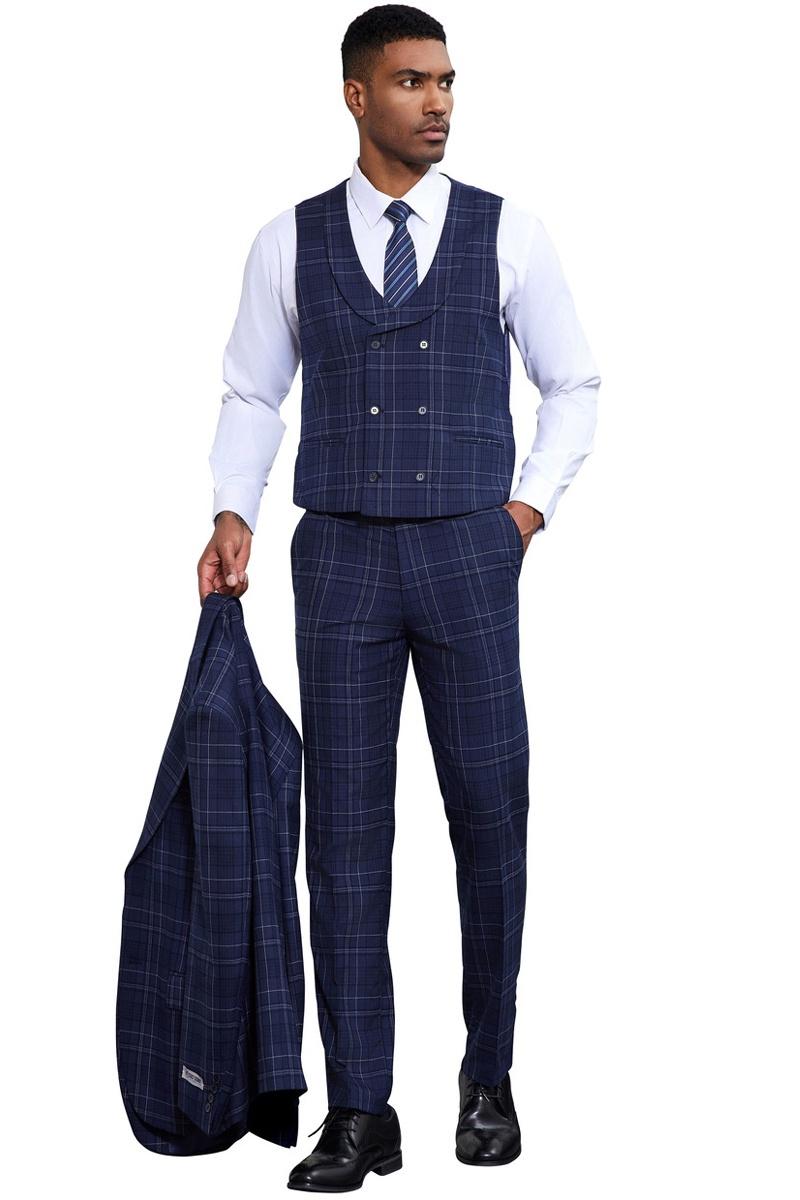 Stacy Adams Double Windowpane Plaid Suit (Navy)