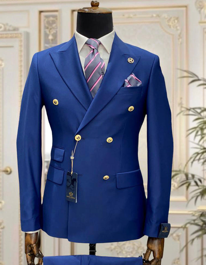 Modern Fit Double Breasted Wool Suit - Gold Accents