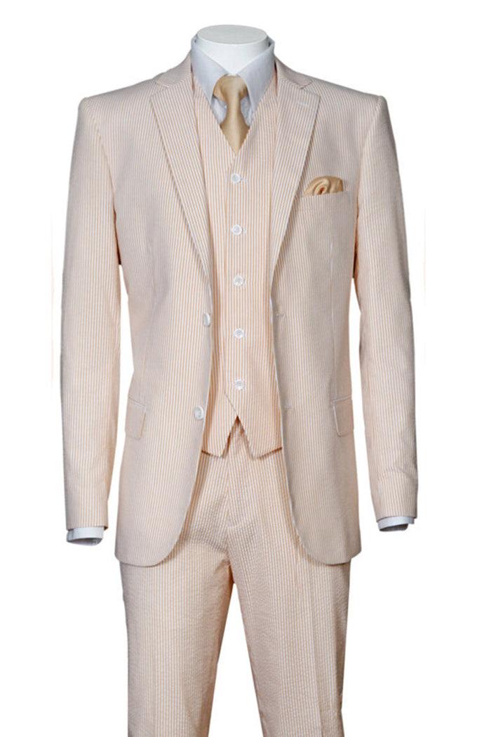Mens 2 Button Vested Summer Seersucker Suit in Peach