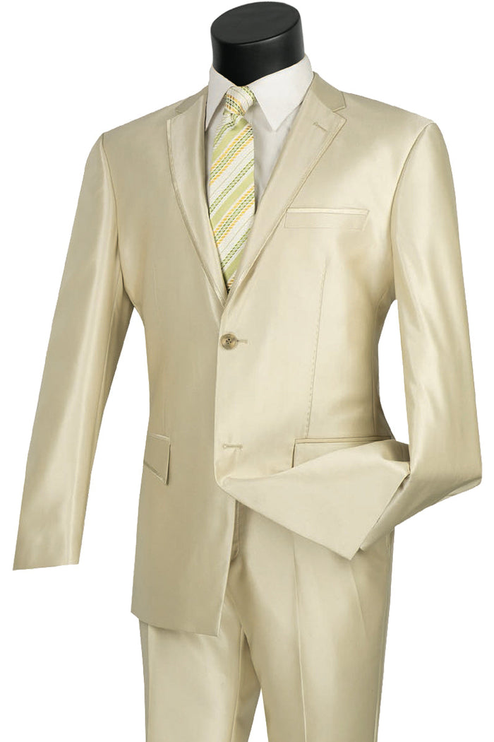Slim Fit Champagne Sharkskin Suit with Trim