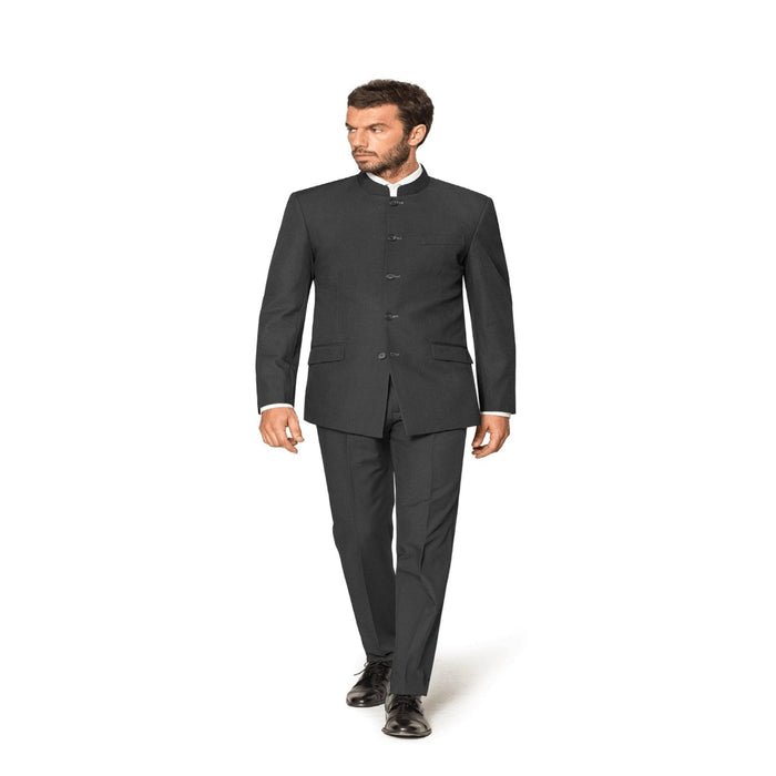 Charcoal Grey Banded Collar Indian Suit - 5 Button Style