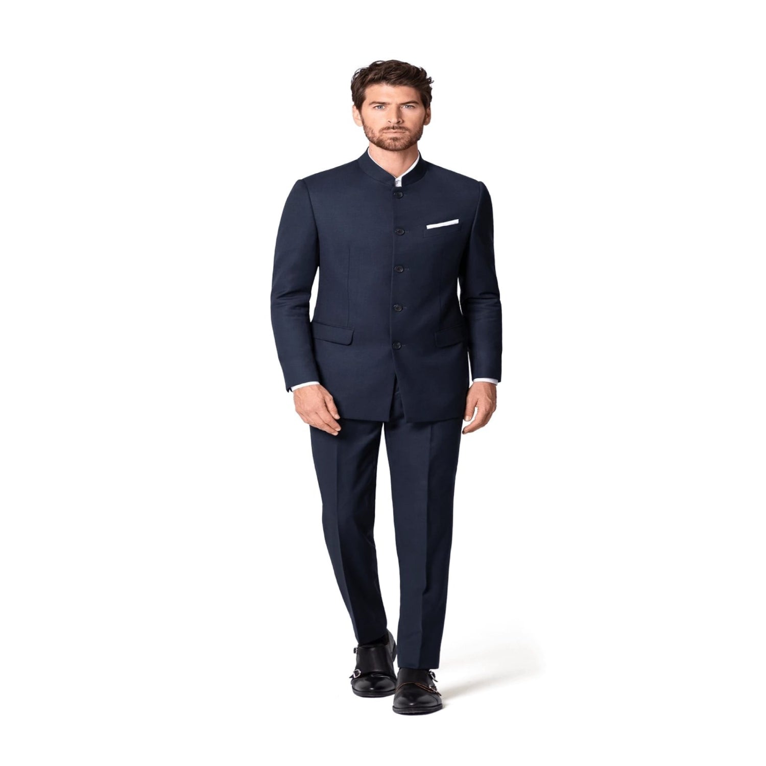 Mandarin Banded Collar Suit, Navy Blue