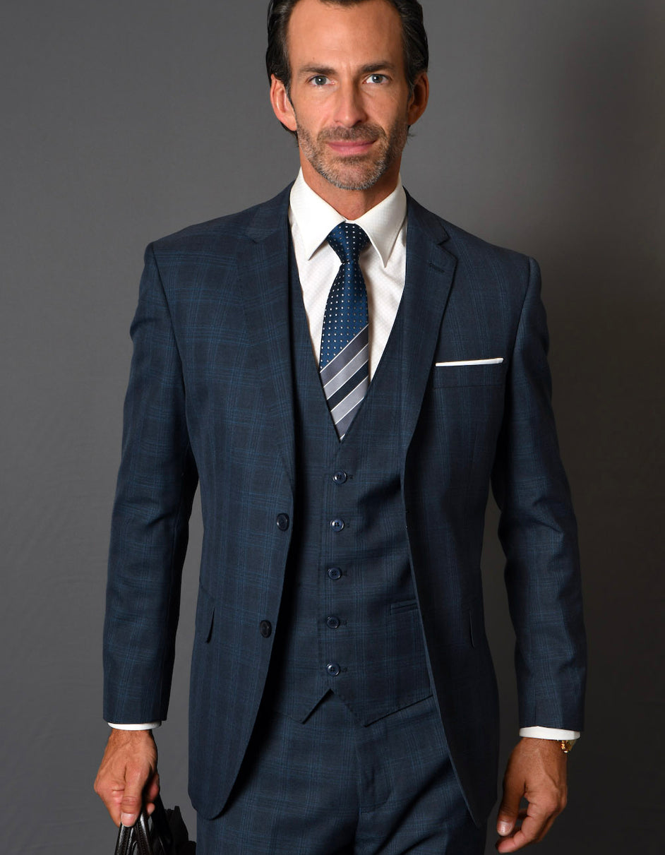 Navy Plaid Modern Fit Wool Suit with Vest