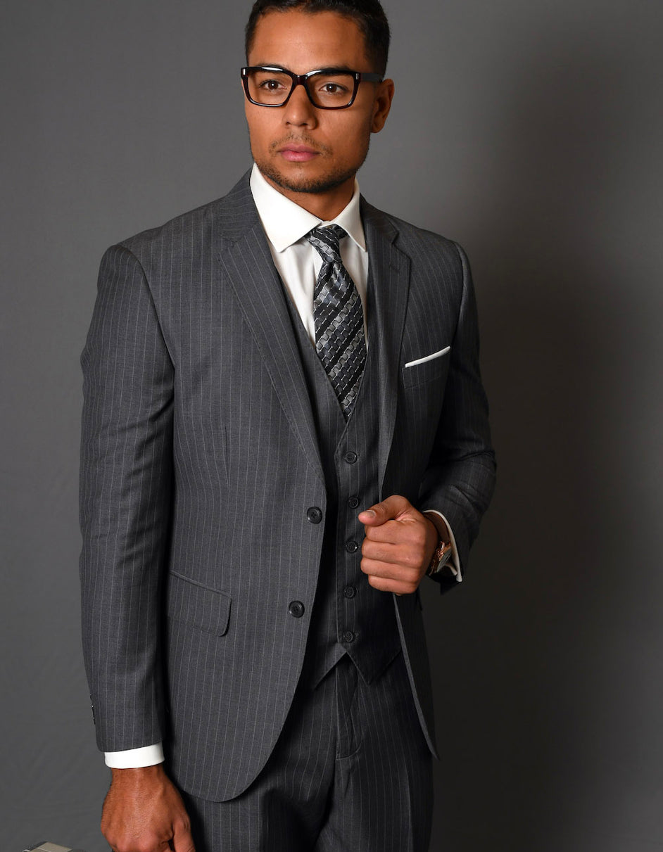 Modern Fit Pinstripe Wool Suit with Vest