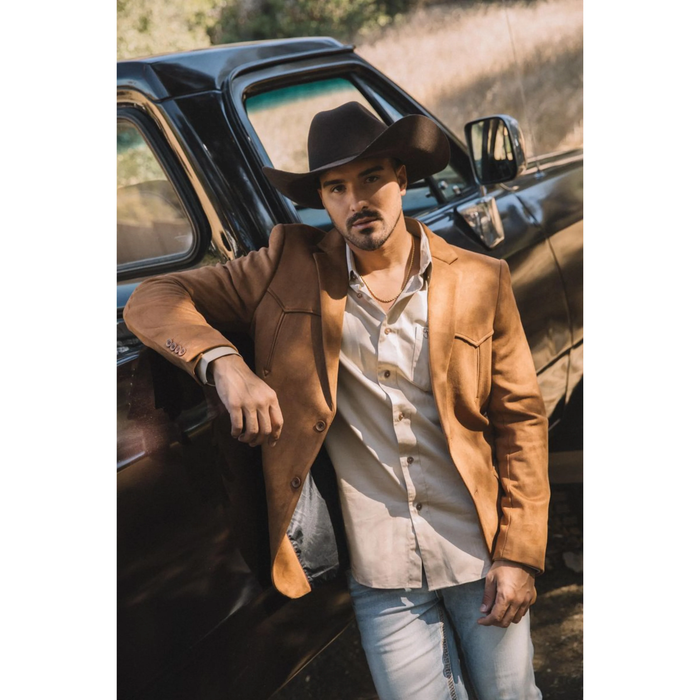 Mens Double Button Faux Suede Blazer- Camel