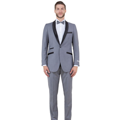 Men's Slim Fit One Button Satin Shawl Collar Tuxedo Suit - Light Grey