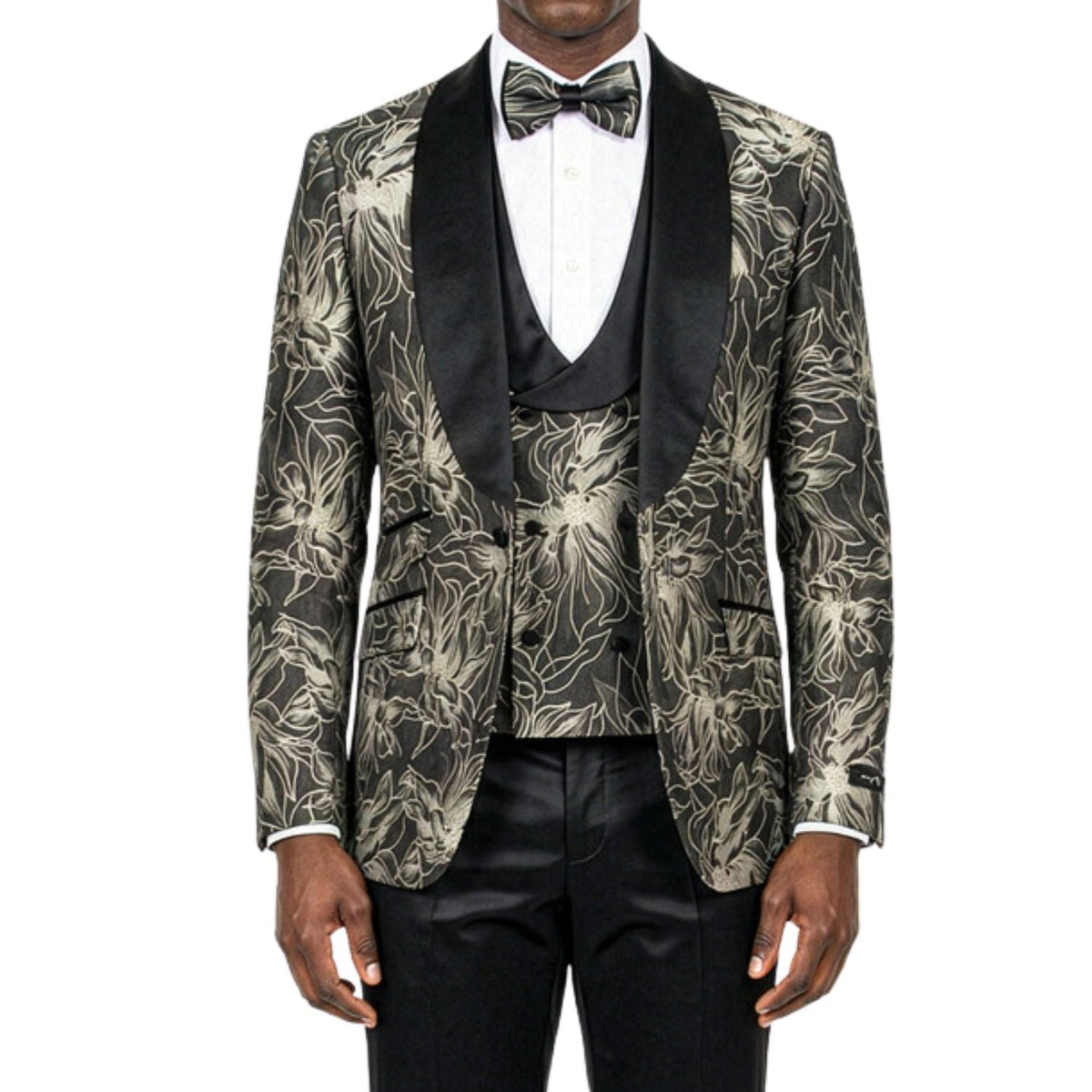 Men's Skinny Fit Jacquard 3 Piece Tuxedo with Double Breasted Vest - Black