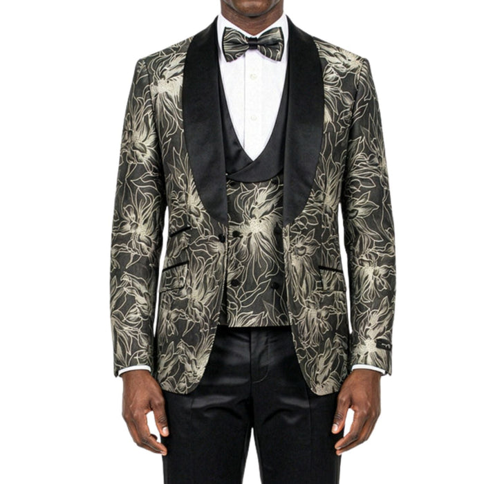 Men's Skinny Fit Jacquard 3 Piece Tuxedo with Double Breasted Vest - Black