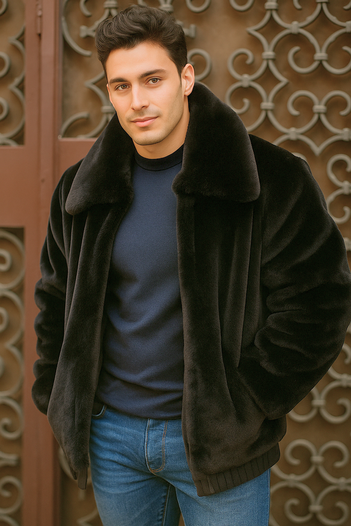 Men's Black Faux Fur Overcoat by Alberto Nardoni