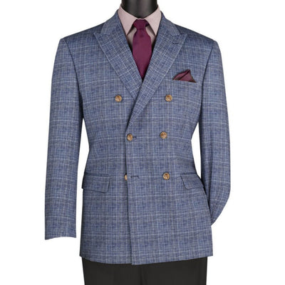 Men's Blue Double Breasted Windowpane Stretch Blazer
