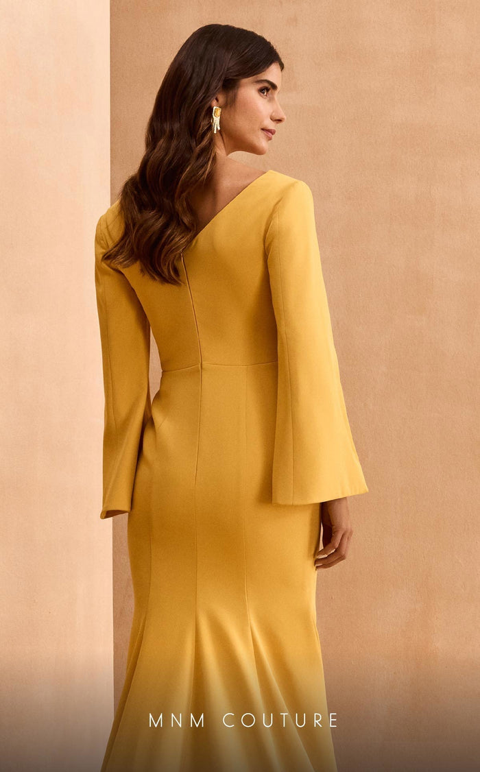 MNM Couture V02044 Mustard Evening Gown with Intricate Detailing