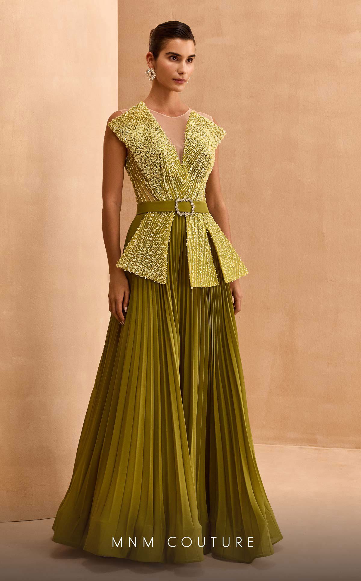 MNM Couture V07014 Green Beaded Peplum Gown with Pleated Skirt