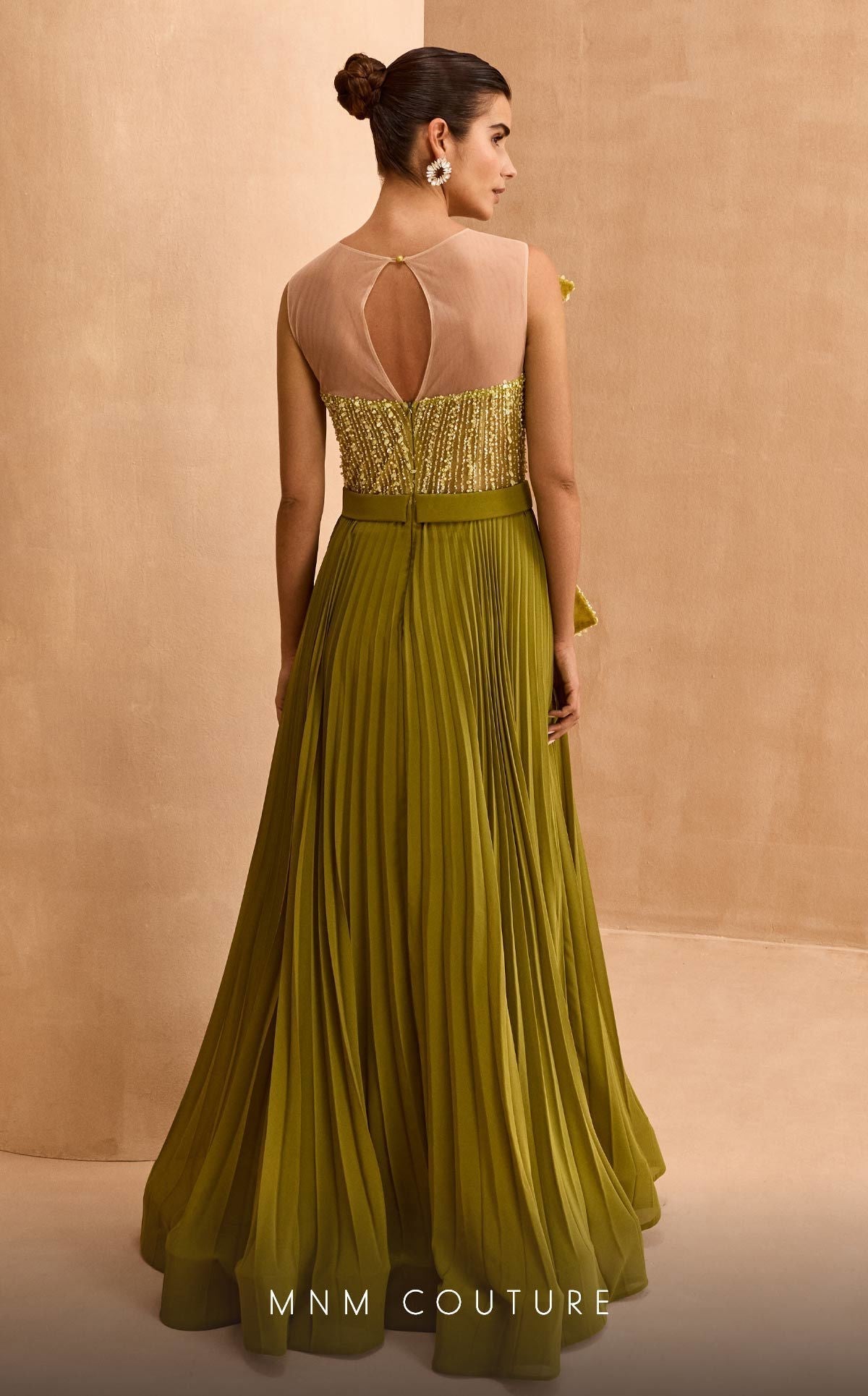 MNM Couture V07014 Green Beaded Peplum Gown with Pleated Skirt