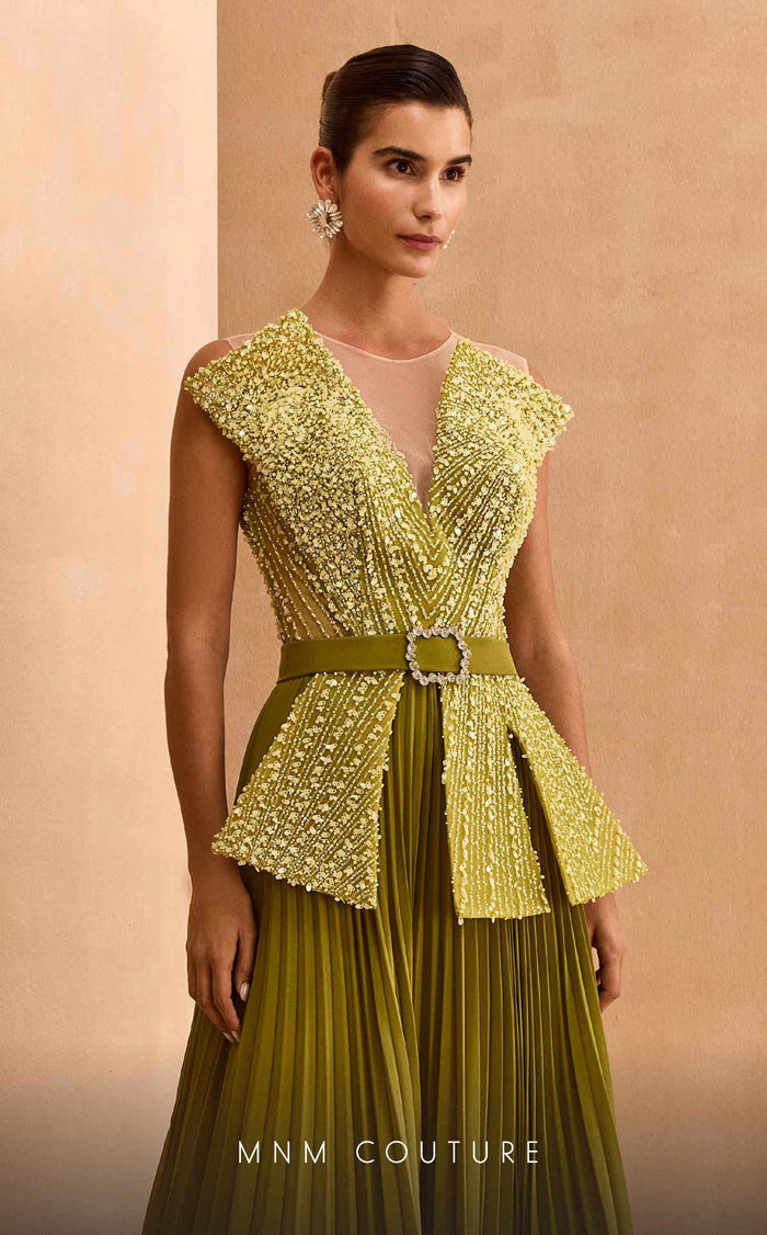 MNM Couture V07014 Green Beaded Peplum Gown with Pleated Skirt