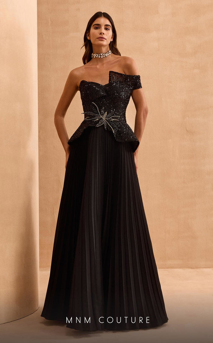 MNM Couture V07282 Off-Shoulder Pleated Evening Gown