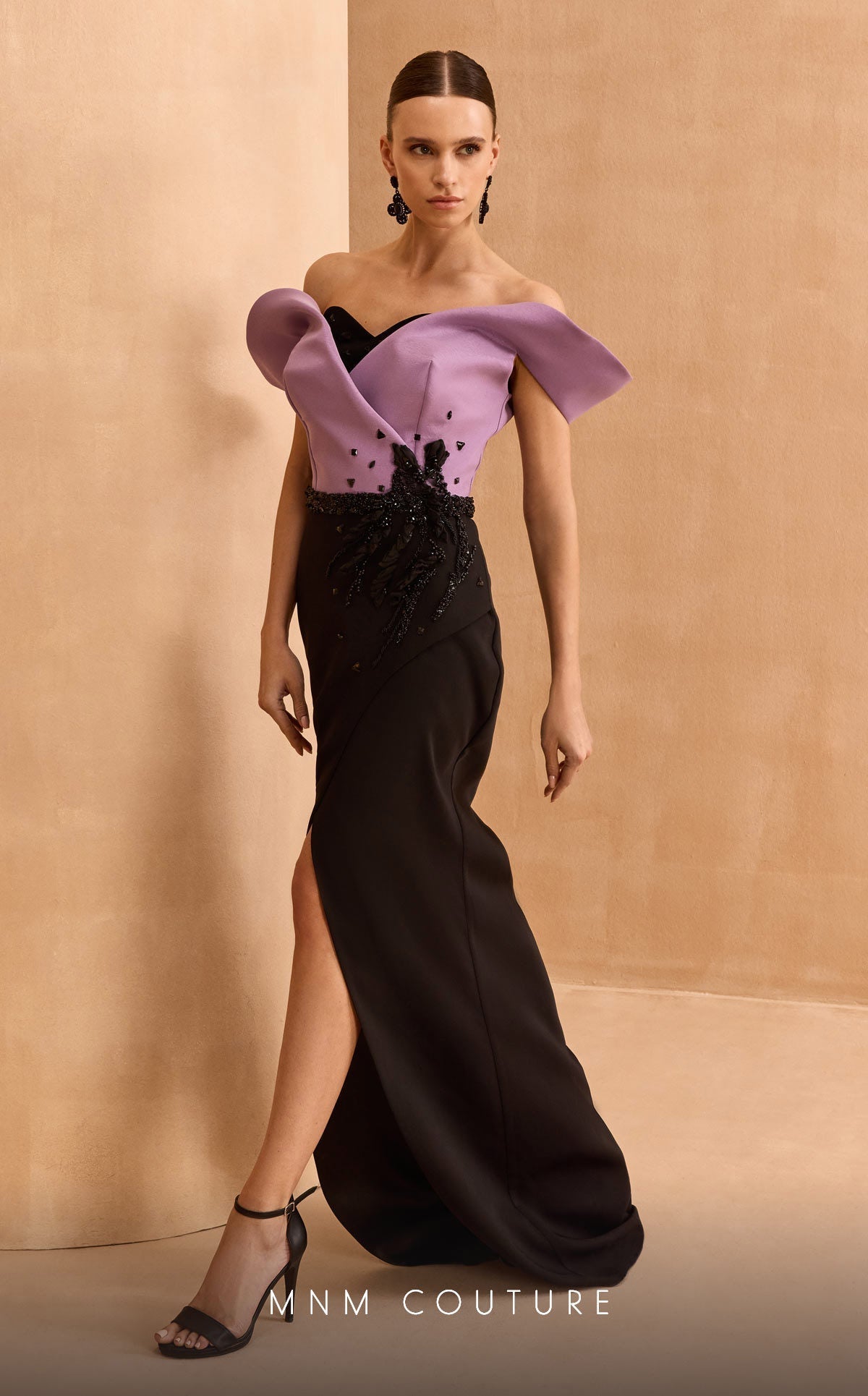 MNM Couture V07428: Off-Shoulder Gown with Sculpted Bodice in Black-Purple