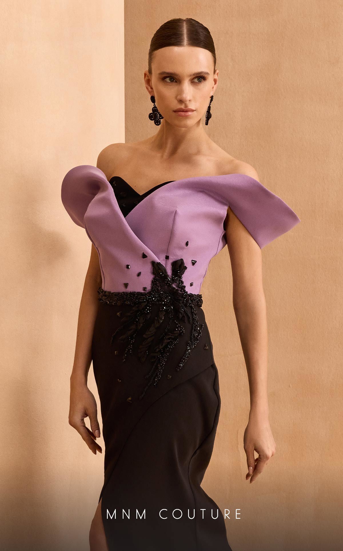 MNM Couture V07428: Off-Shoulder Gown with Sculpted Bodice in Black-Purple