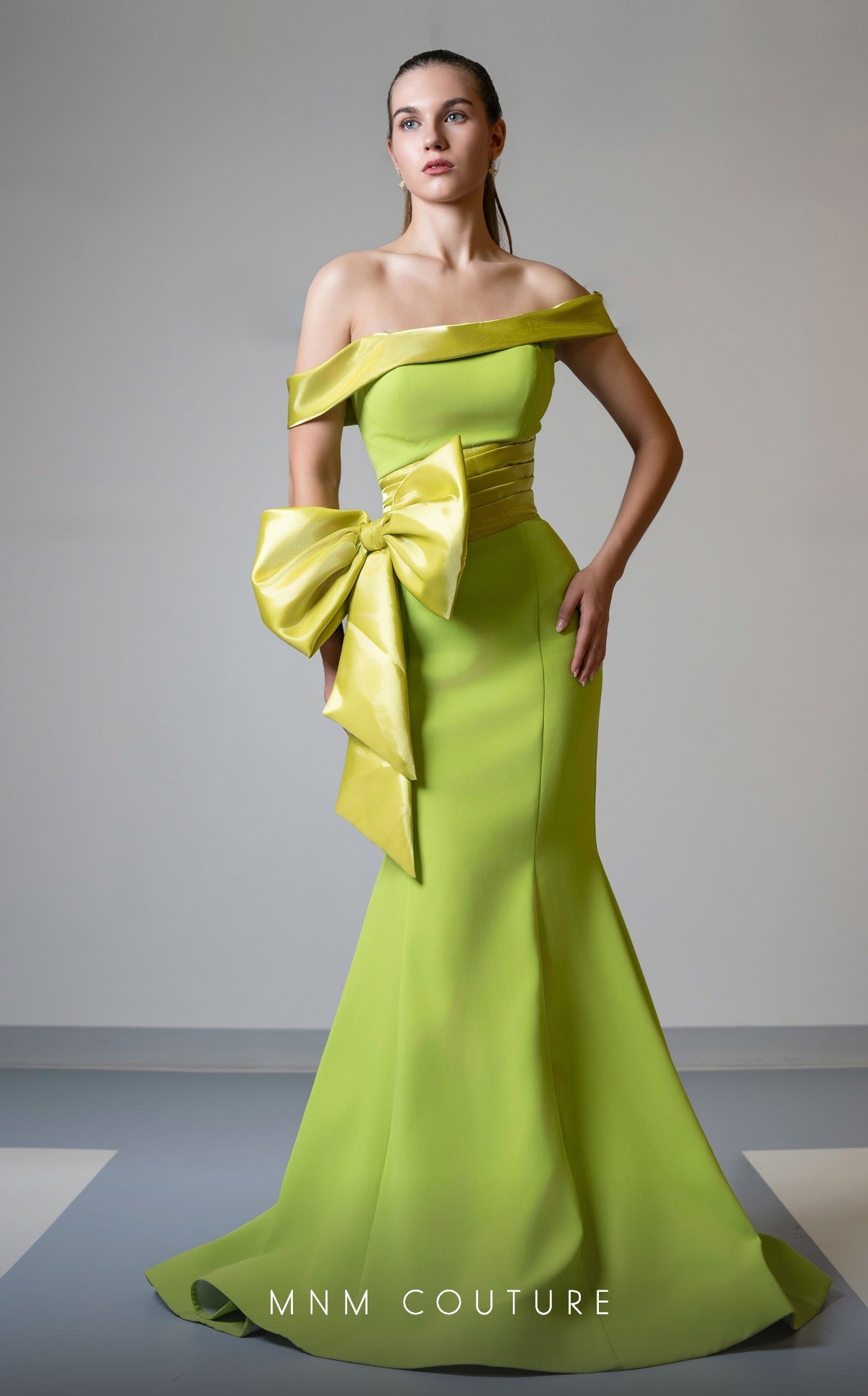 MNM Couture V07546 Lime Off-Shoulder Mermaid Gown