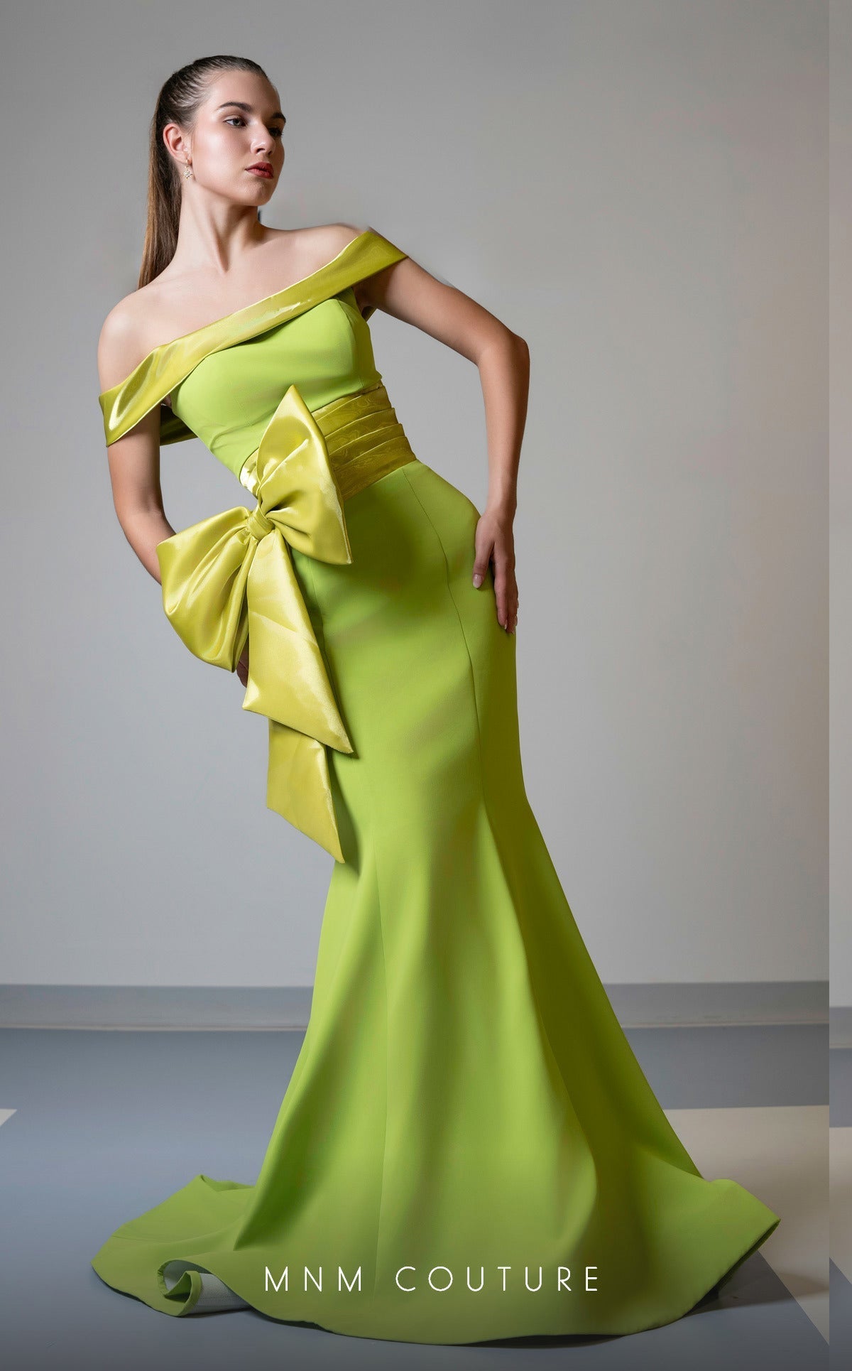 MNM Couture V07546 Lime Off-Shoulder Mermaid Gown