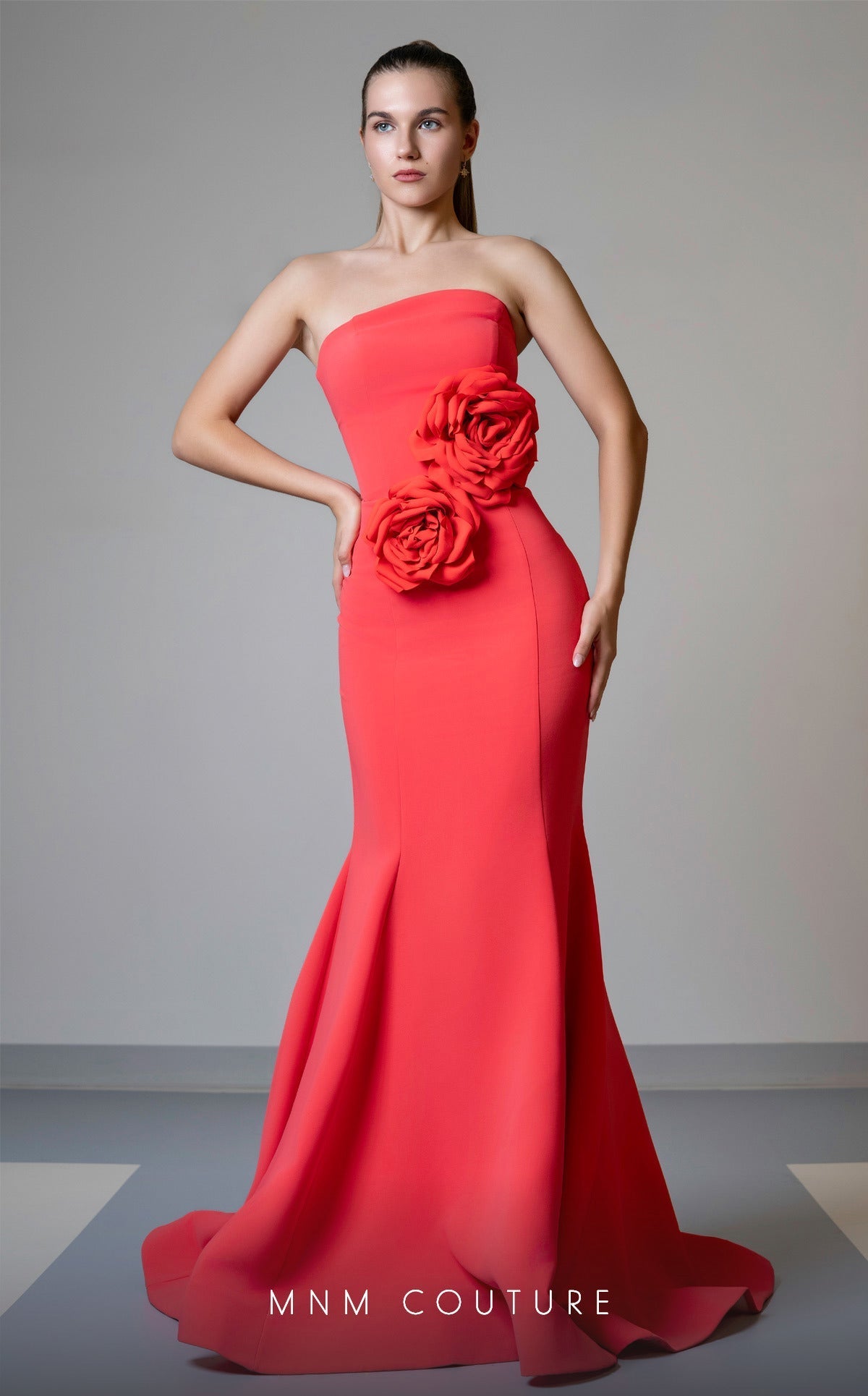 MNM Couture V07548 Strapless Blue Mermaid Gown with Roses