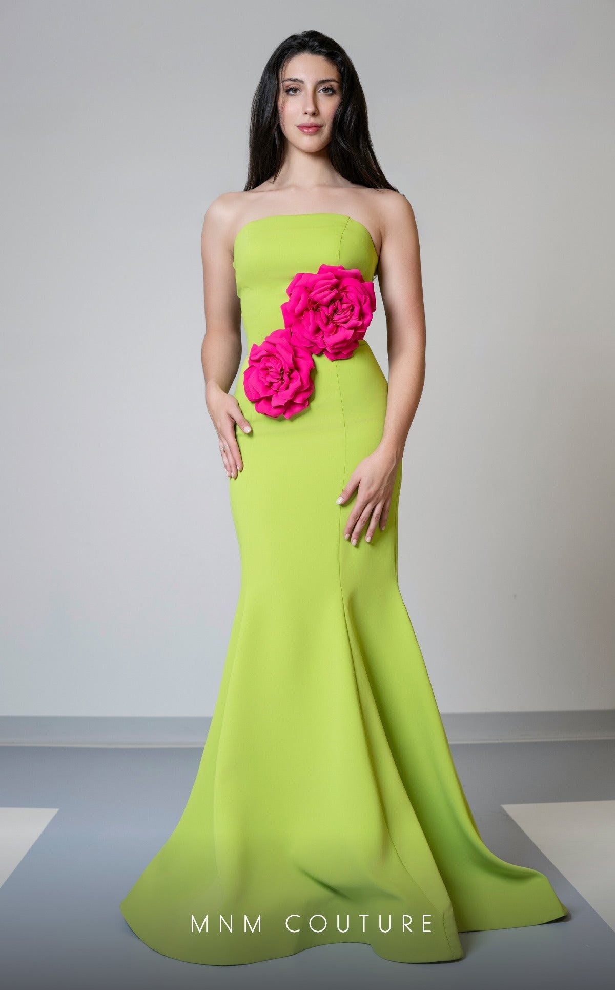 MNM Couture V07548 Strapless Blue Mermaid Gown with Roses