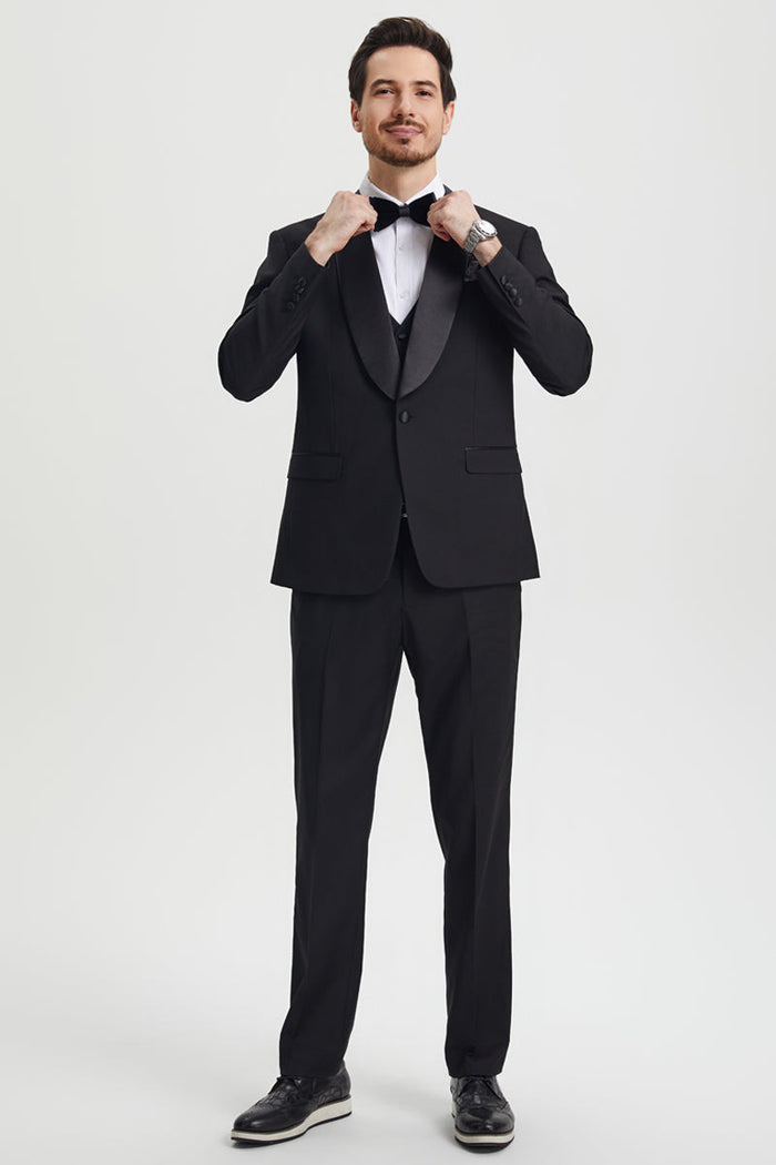 Men's Stacy Adams Vested One Button Shawl Lapel Designer Tuxedo in Black