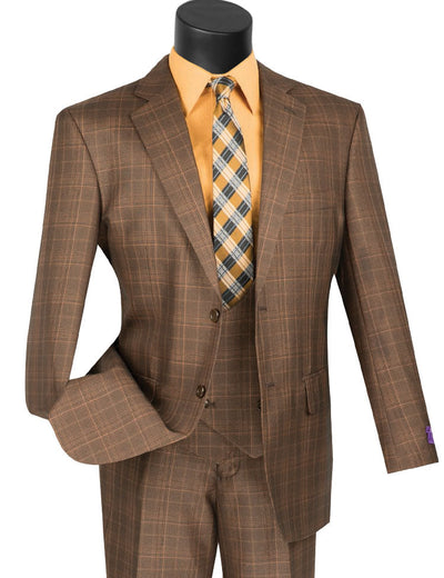 Men's Chestnut Brown Plaid 3 Piece Suit Scoop Vest V2RW-7