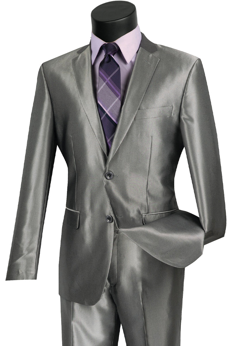 Shiny Sharkskin Slim Suit - Grey, 2 Button