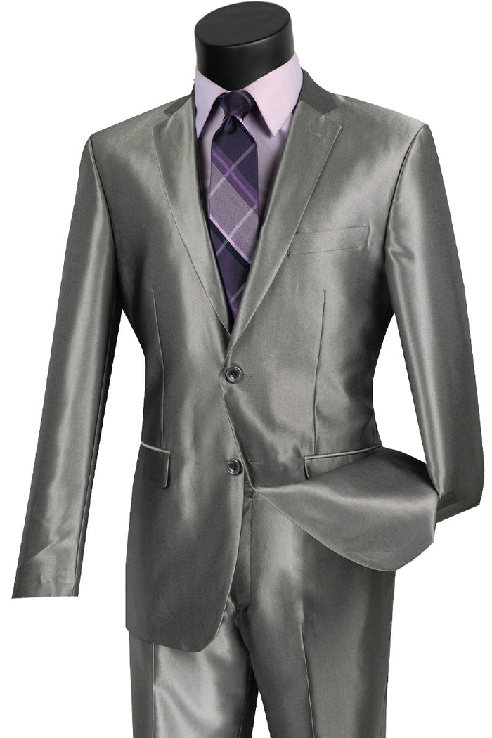 Shiny Sharkskin Slim Suit - Grey, 2 Button