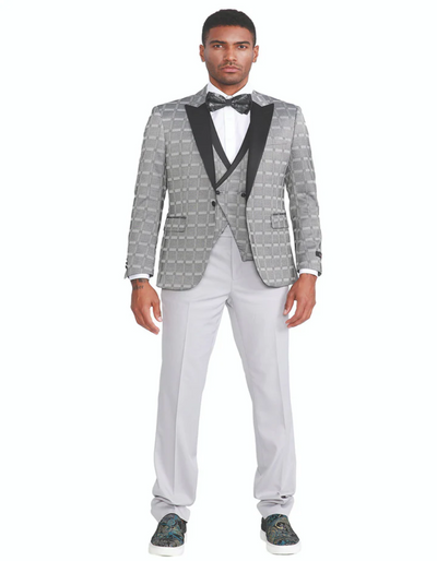 Slim Fit Gray Plaid Tuxedo with Double Breasted Vest