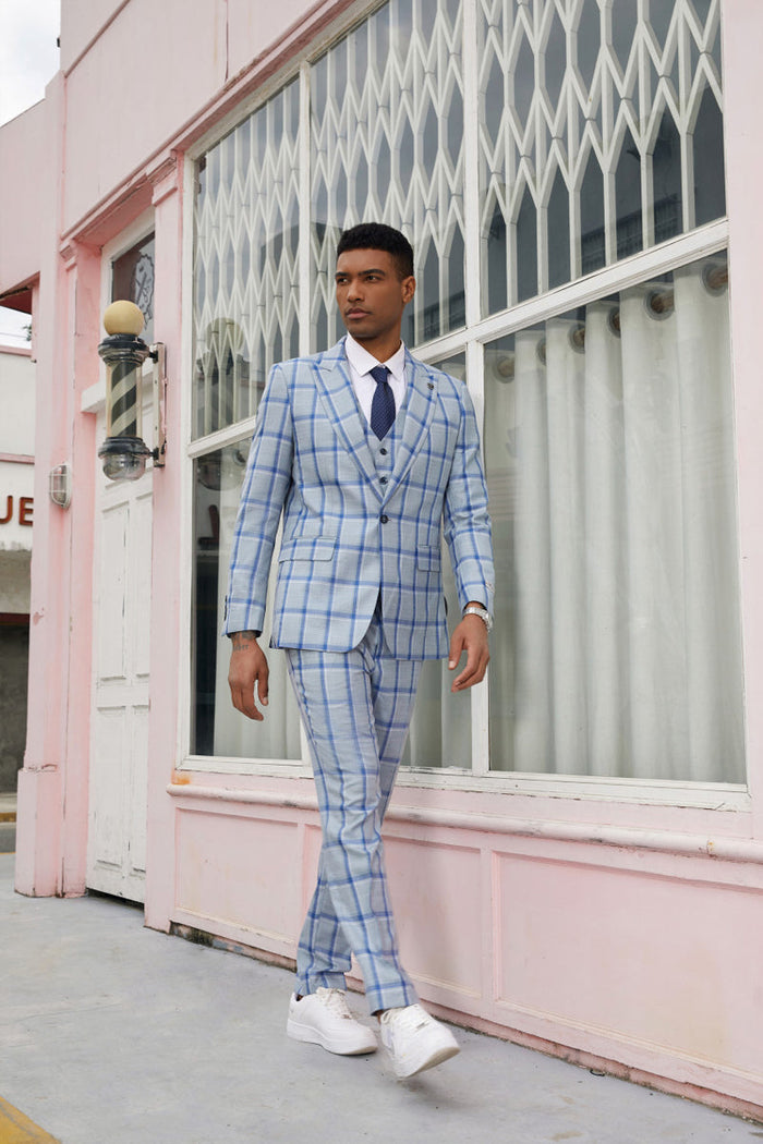 Stacy Adams Blue Windowpane Vested Peak Lapel Suit