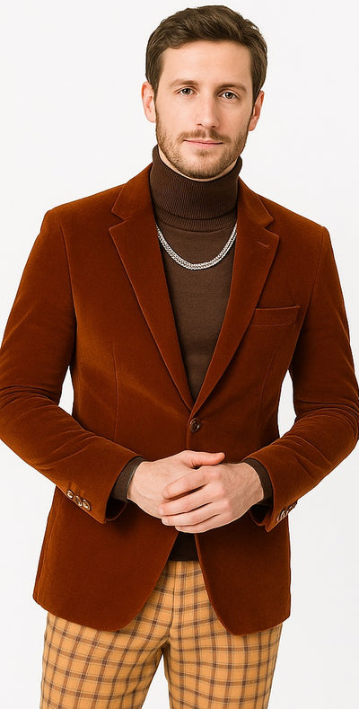 Mens Velvet Jacket Rust Tailored Fit Blazer