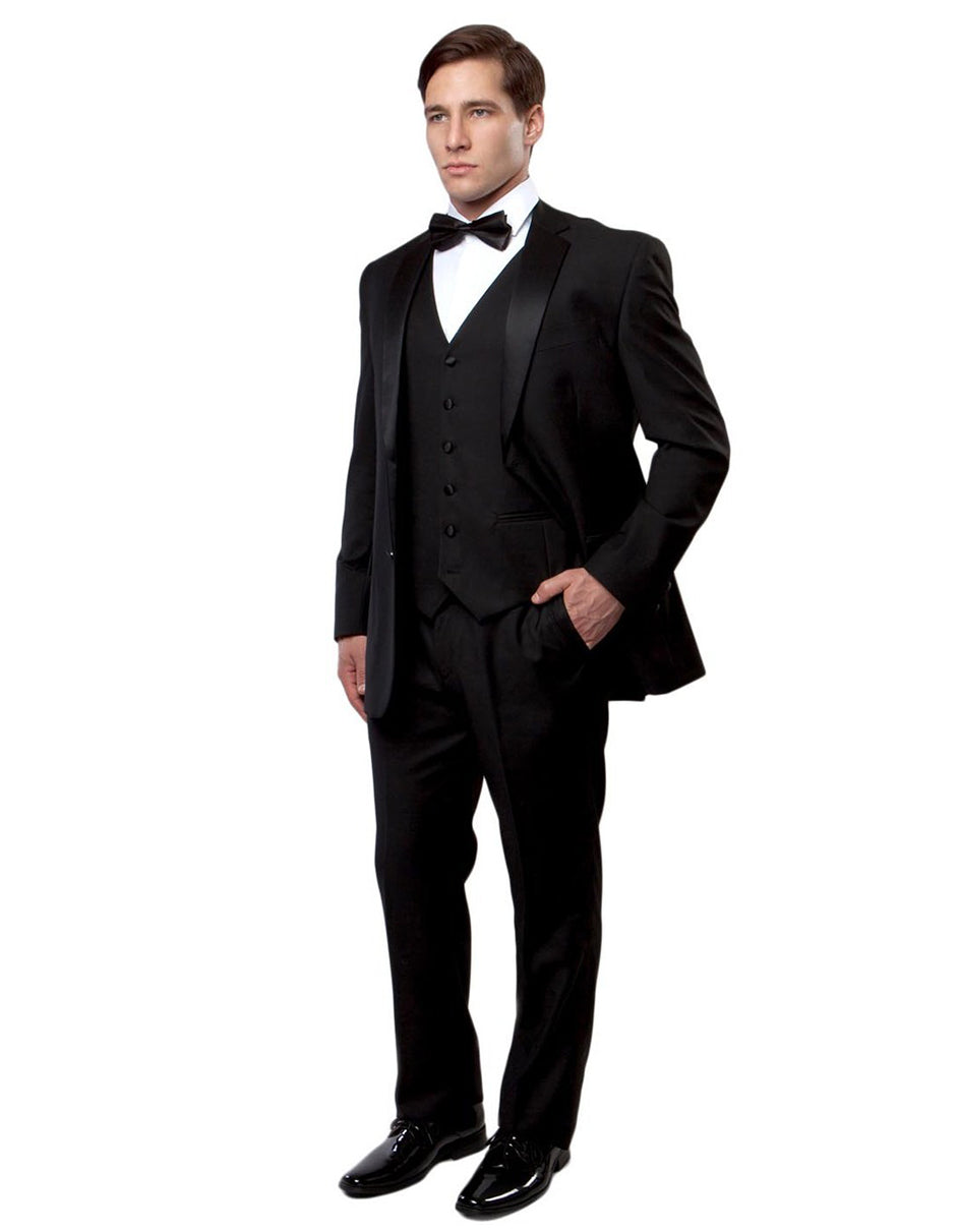 Modern Fit Black Wool Tuxedo with Vest