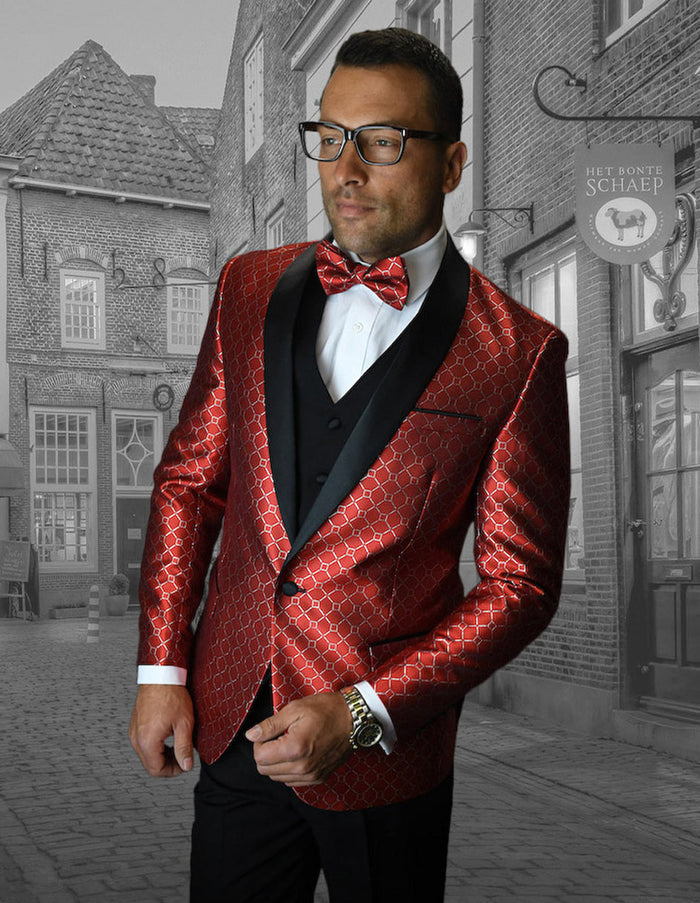 Red Geometric Chain Shawl Tuxedo with Vest