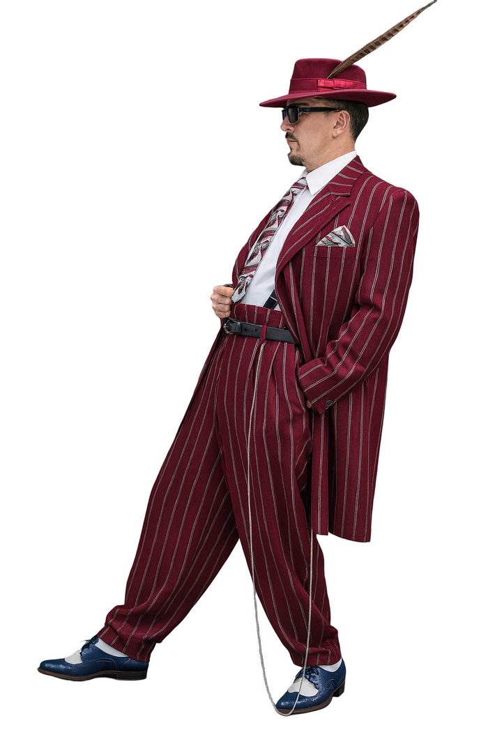 Burgundy Pinstripe 1920s Zoot Suit-3 Piece Set