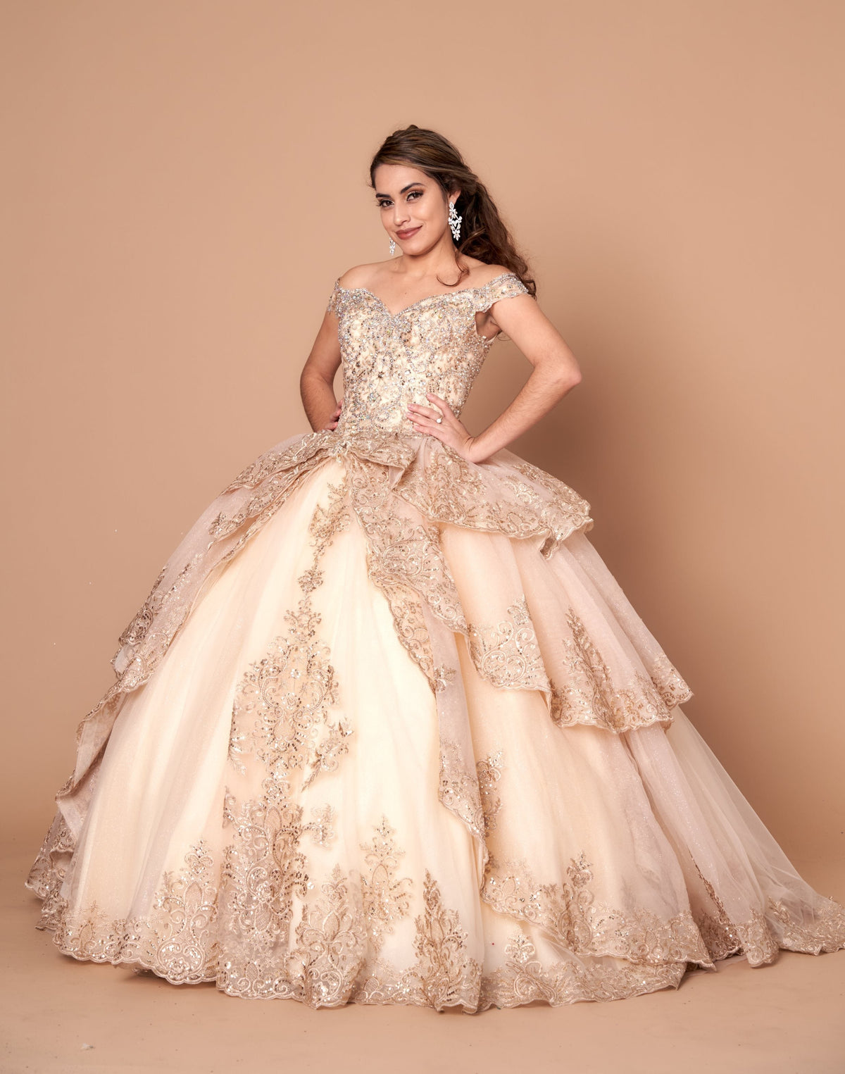 Applique Off-Shoulder Quinceanera Dress Layered Embroidered Ball Gown by Calla WB-20525